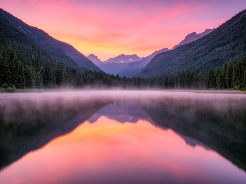 Amanecer sobre lago sereno rodeado de montañas cubiertas de bosque, reflejo perfecto del cielo rosado y naranja en el agua inmóvil, niebla baja sobre la superficie del lago