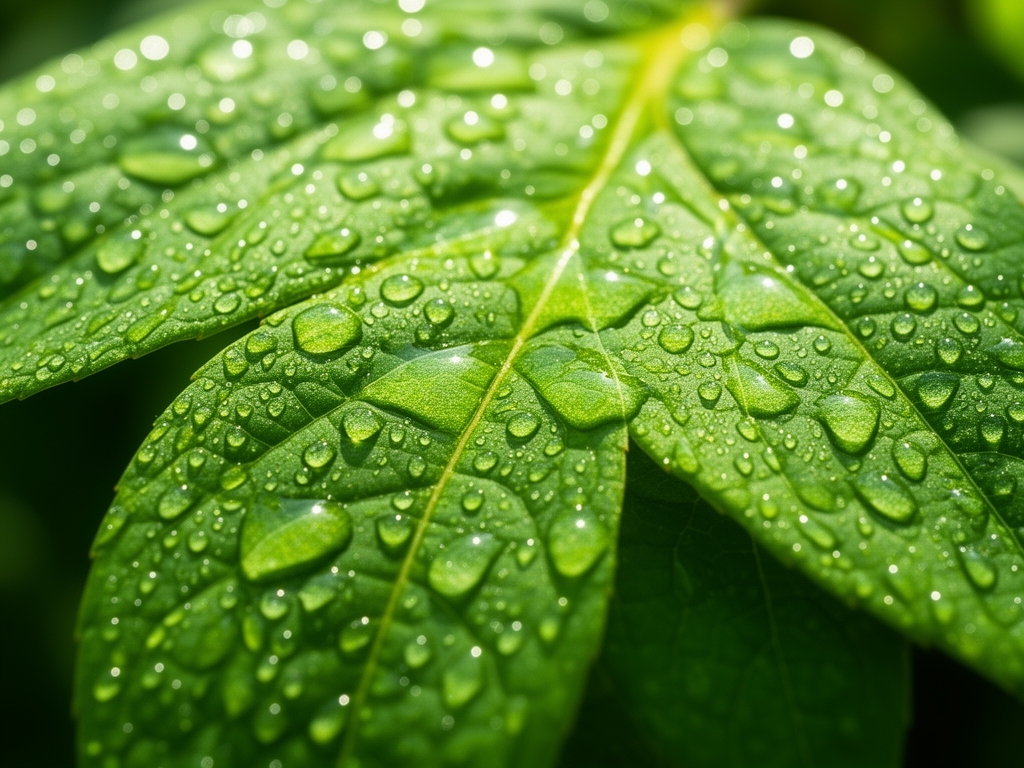 Primer plano de hojas verdes mojadas con gotas de agua reflejando luz solar, textura detallada de superficie vegetal con venas visibles