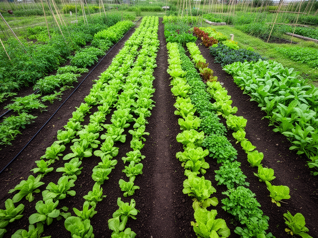 Vista aérea de huerto orgánico con hileras de vegetales verdes variados, tierra oscura y fértil entre las plantas, luz uniforme de cielo nublado suave