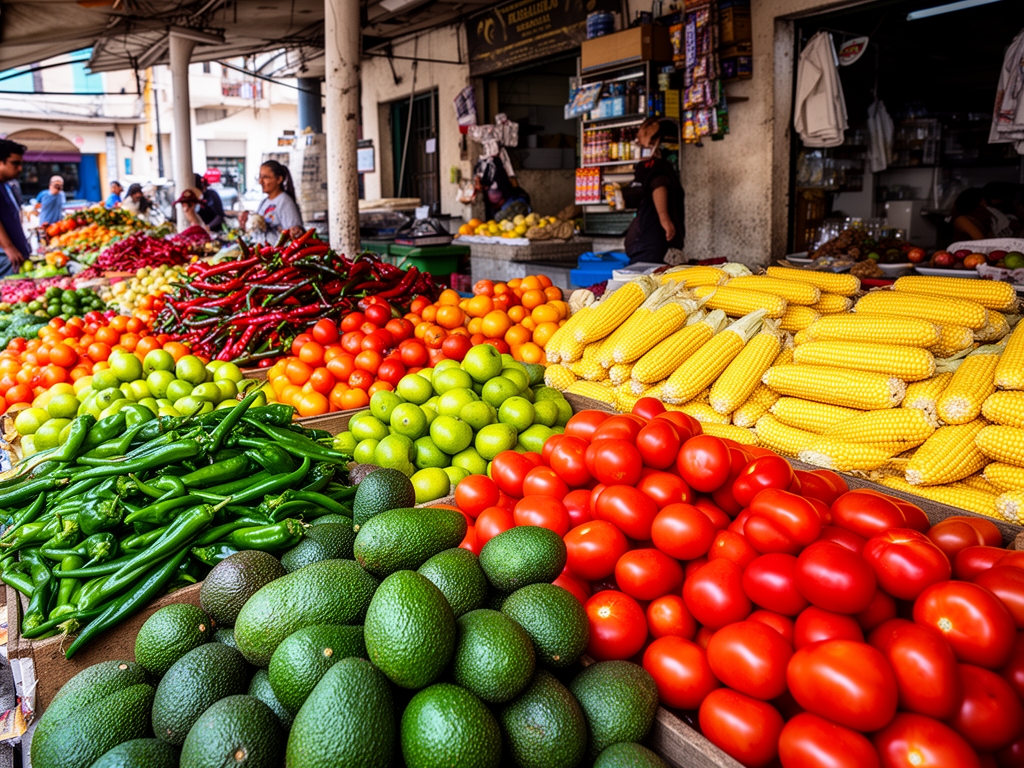 Mercado tradicional mexicano con puestos de frutas y verduras coloridas, chiles, aguacates, tomates y mazorcas de maíz, luz natural vibrante sobre los productos frescos