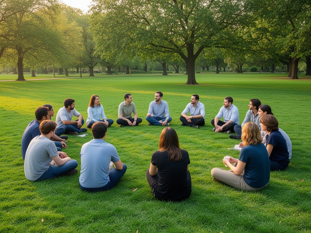 Grupo de personas en un parque verde sentadas en círculo durante actividad al aire libre, luz suave de tarde, ambiente distendido y natural sin enfocar en ninguna persona específica
