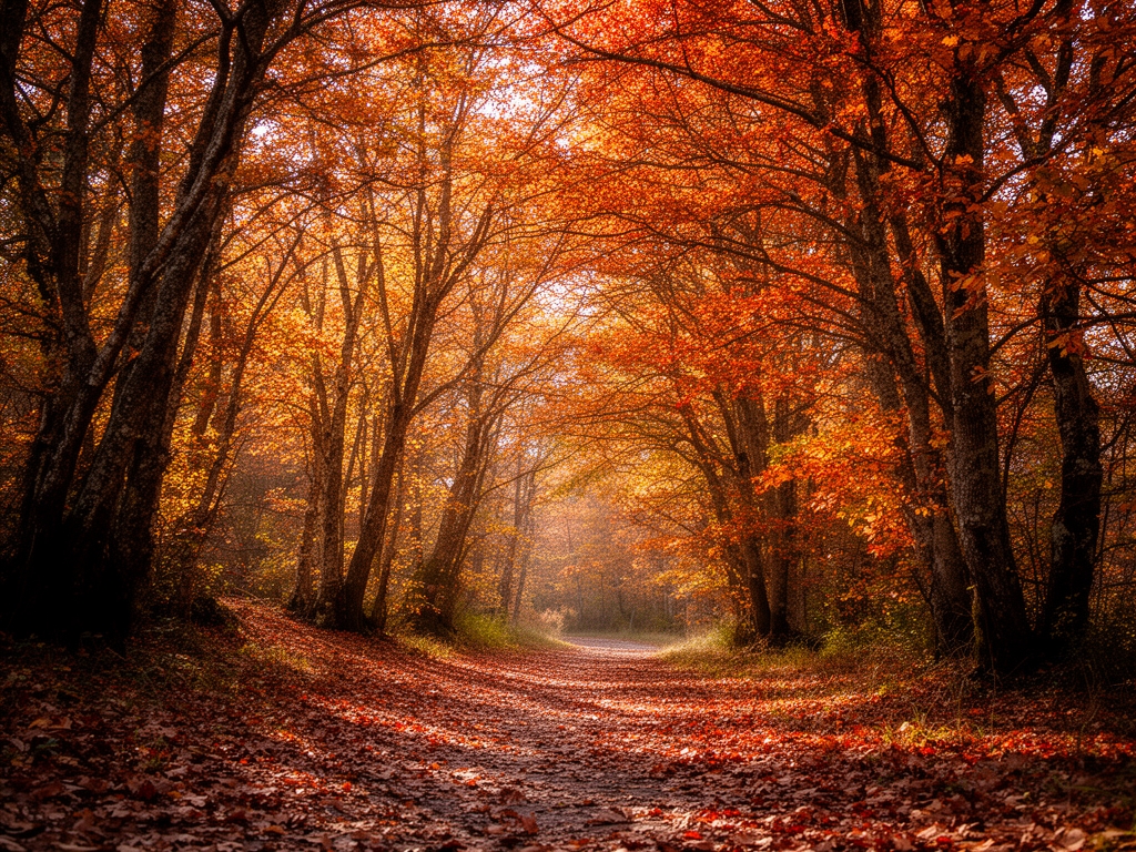 Caminata por sendero natural entre árboles otoñales con hojas en tonos naranjas y dorados, luz de tarde filtrándose entre las ramas, suelo cubierto de hojas caídas