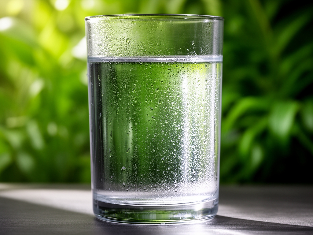 Vaso de vidrio transparente lleno de agua pura con gotas de condensación exterior, fondo verde desenfocado de plantas, luz natural lateral que ilumina el líquido