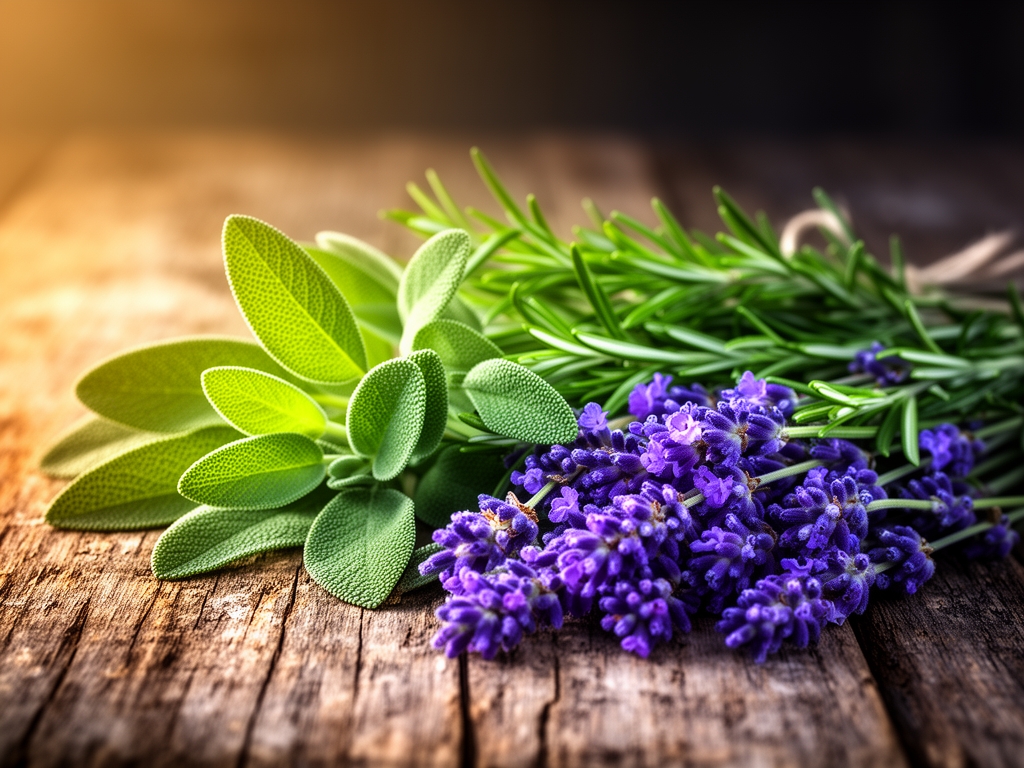 Hierbas aromáticas frescas sobre superficie de madera envejecida con luz lateral cálida, hojas de salvia, romero y lavanda en primer plano con profundidad de campo bokeh